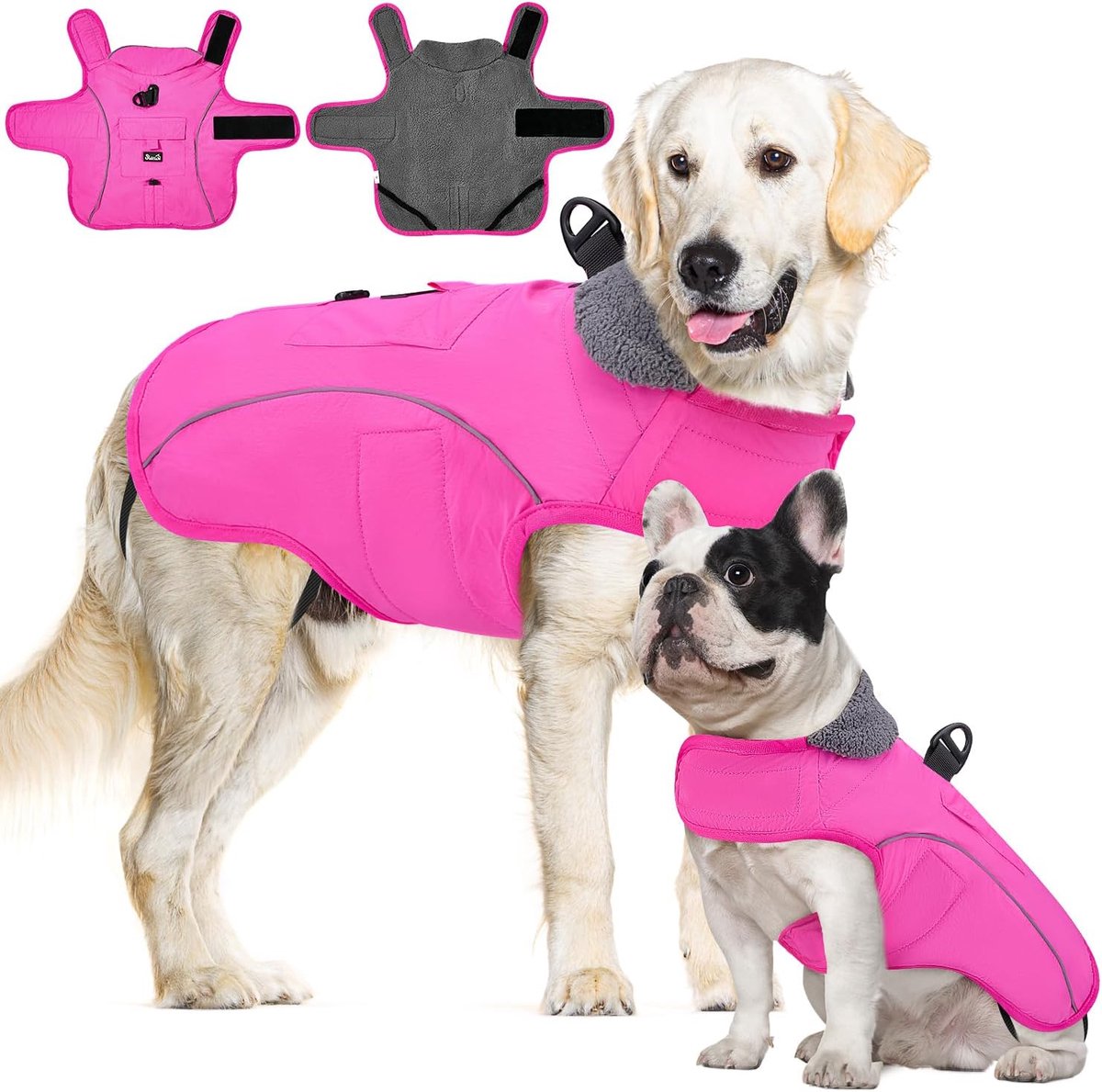 Winterjas voor honden – sneeuwjack voor honden met verstelbare fleecevoering, reflecterende strepen en zakken, winddicht en waterafstotend vest voor middelgrote en grote maten