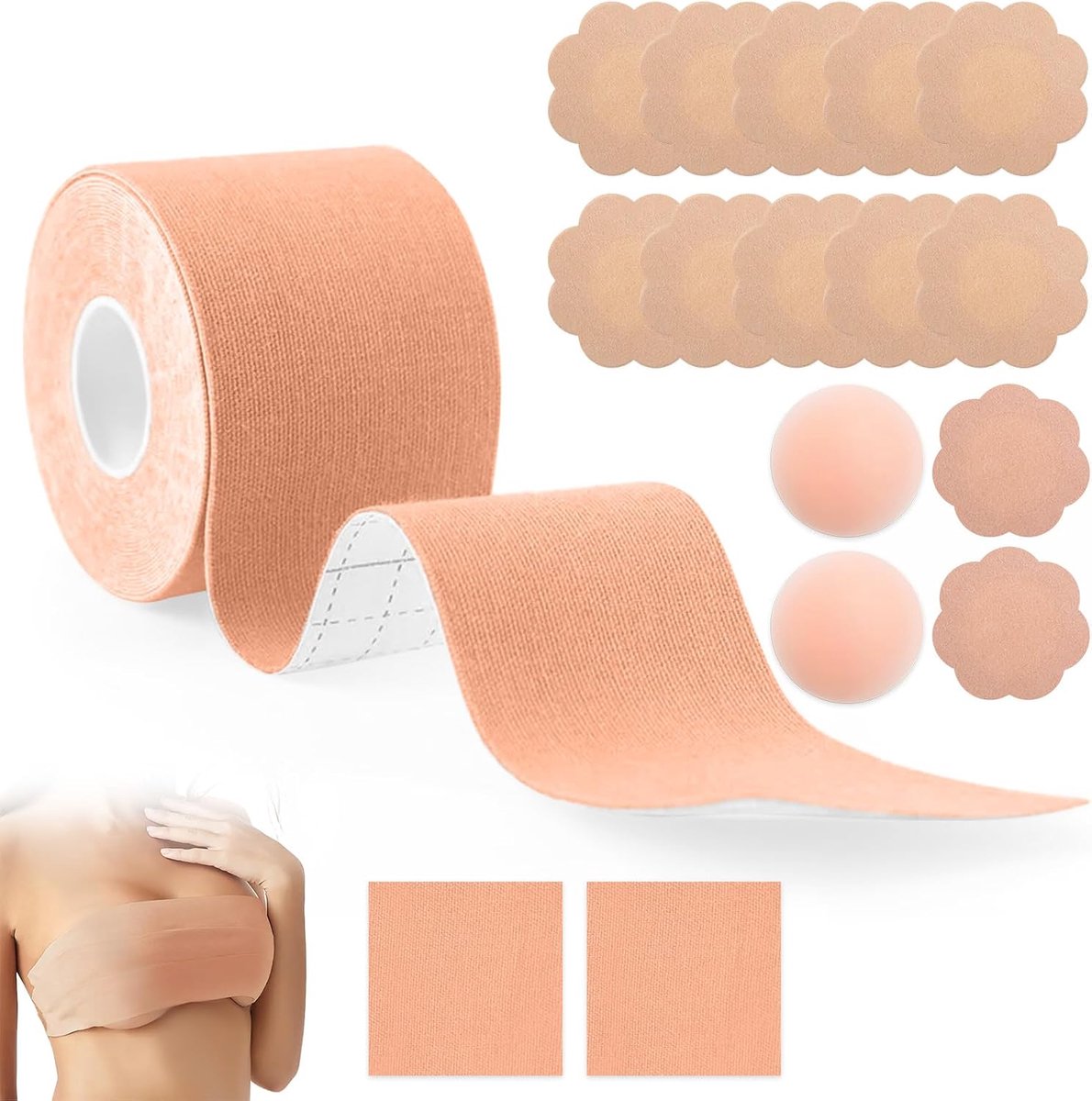 Tape Set met 2 siliconen tepelafdekkingen voor dames, herbruikbaar en 5 m, Scotch, onzichtbaar, body tape voor beha, A-E, grote borst, lingerie, zwemmen, avondjurk en bruid