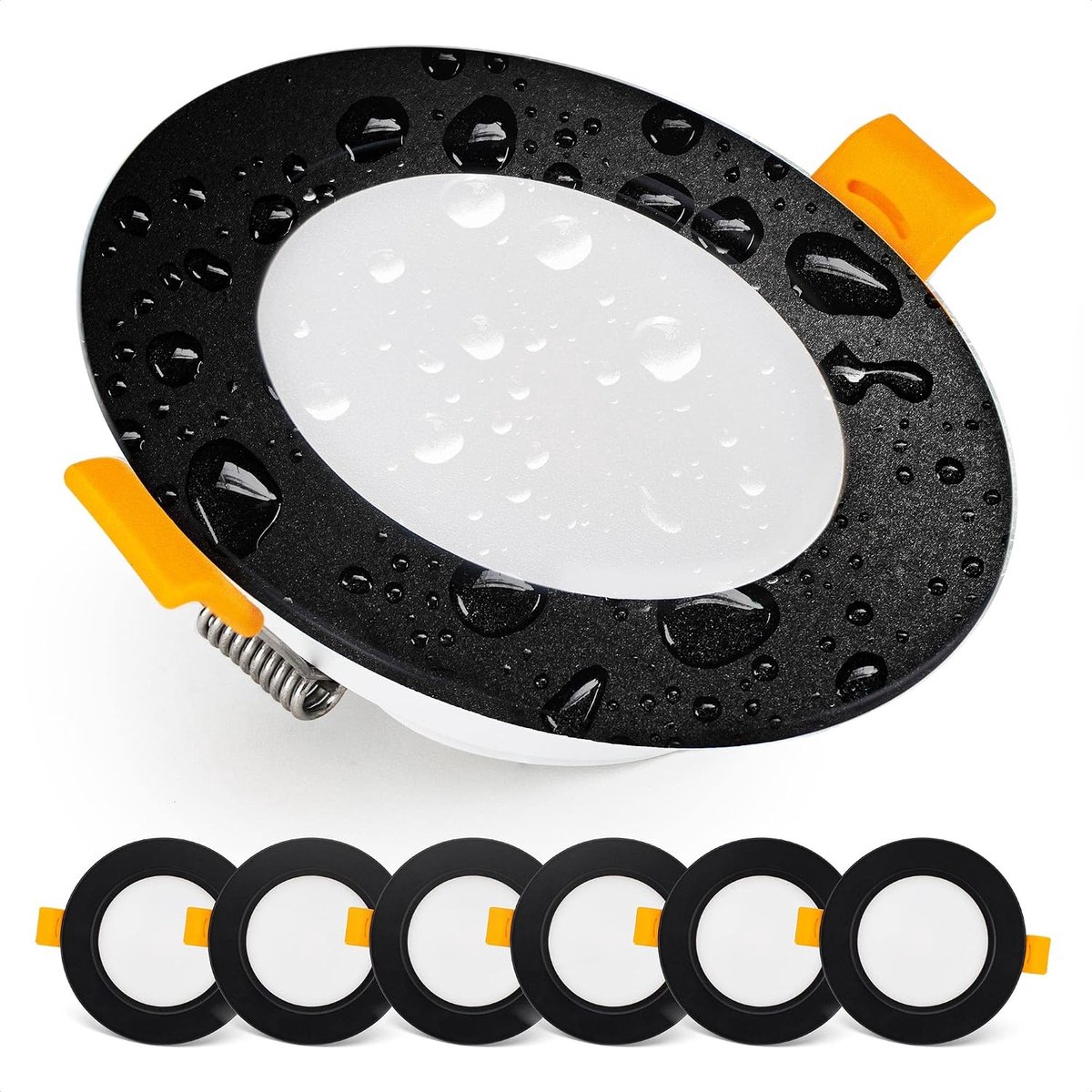 Led-inbouwspot, 230 V, 5 W/500 lm, warmwit 3000 K, badkamerspot, IP54 waterdicht, voor binnen en buiten, set van 6 led-plafondspots, extra plat, rond, kleur zwart