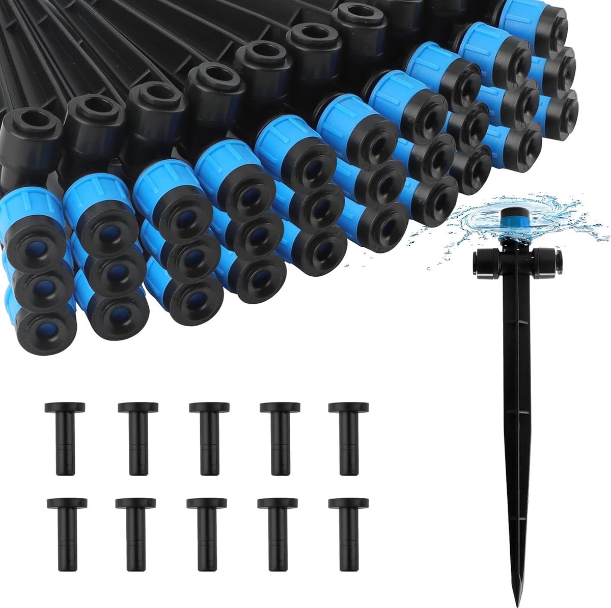 SnelShoppen - 30 Stuks Drip Irrigation Gietspuiten met Eindkappen, Verstelbare Drupkop met Snelle Bevestiging voor 1/4" Irrigatiebuizen (Blauwe Struik