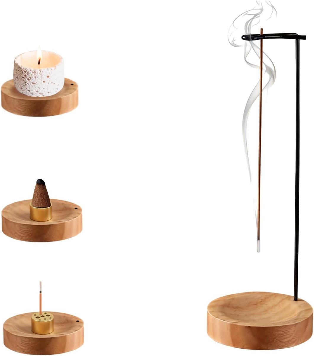 Incense Stick Holder Beige Wood and Brass 3 in 1 Holder Incense Sticks with Round Base and 9 Hole Insert, Stylish - ShopVlot