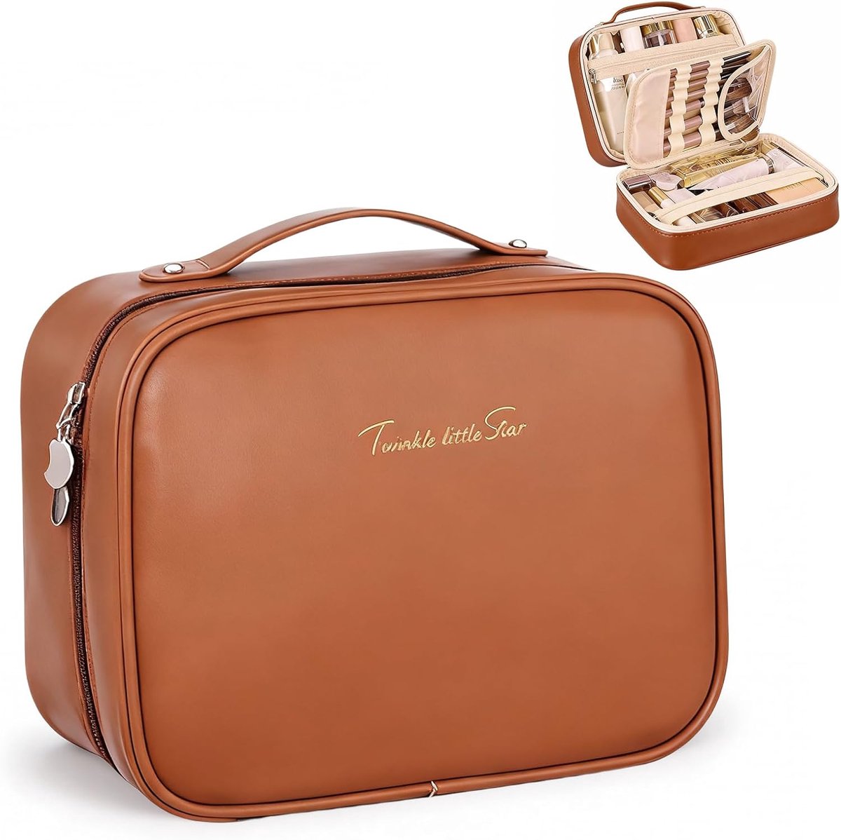 SnelShoppen - Grote Cosmetic Bag Dames Toilettas met Handvat - Waterdichte Makeup Organizer - Inclusief Make-up Borstel Compartiment - Bruin - 25x18,5