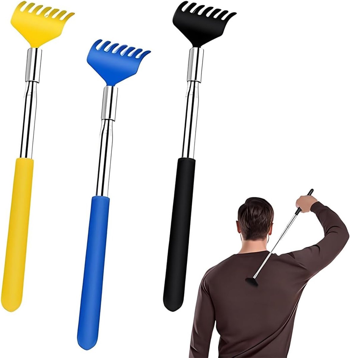 Rugkrabber, 3-delig, stabiel, rekbaar, 19,5 - 67 cm, groot oppervlak, verlichting, jeuk, massager, zwart, geel, blauw - ShopVlot