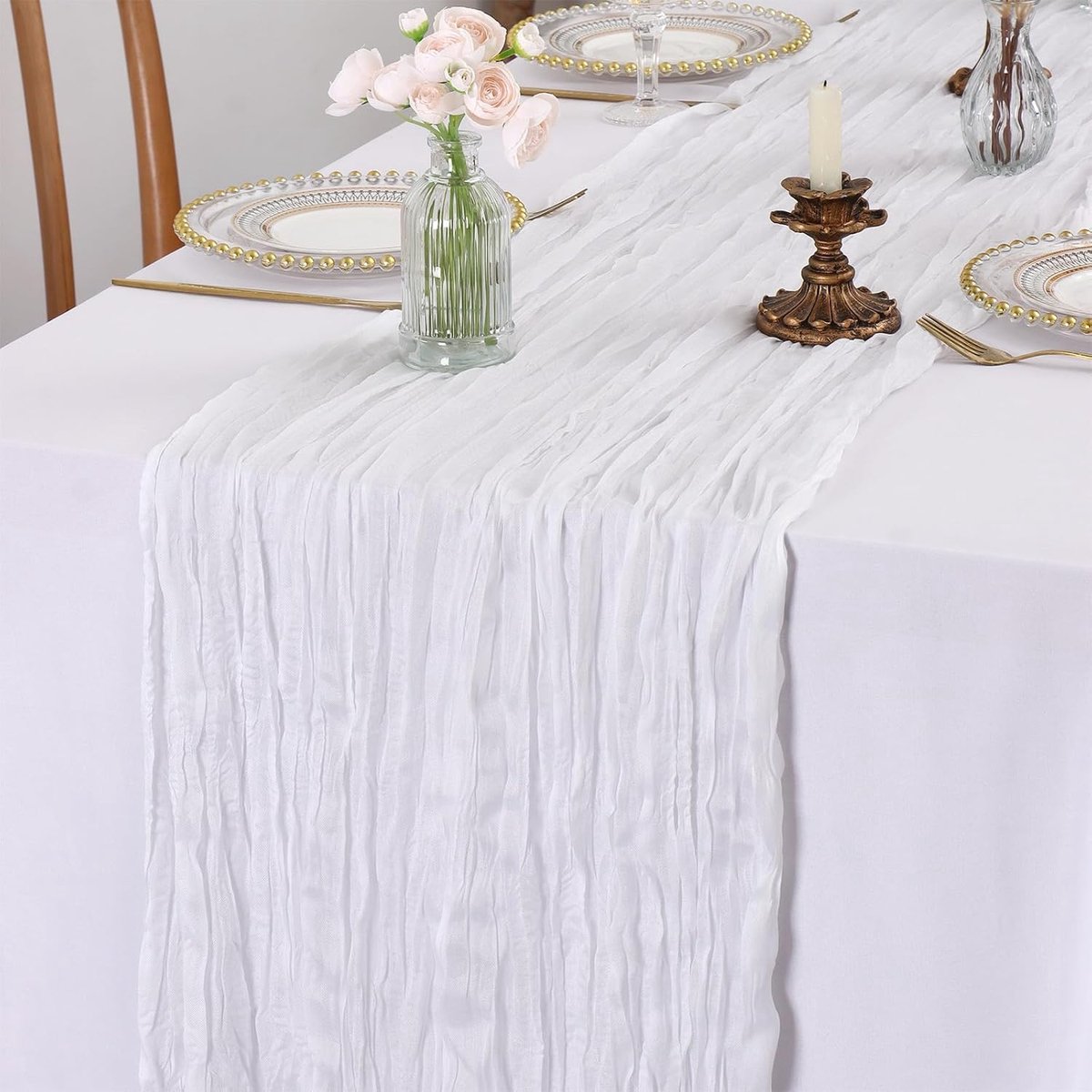 kaasdoek tafelloper Boho gaas kaasdoek tafelloper Rustieke doorschijnende loper 300 cm lang voor bruiloft, baby shower, verjaardagsfeest, taart tafeldecoratie (Wit, 90x300cm)