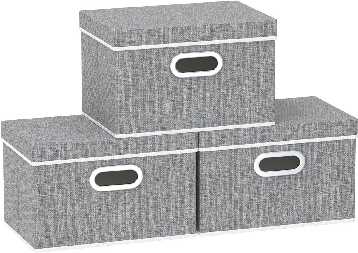 Opbergdozen met Deksel, Opvouwbare Opbergdoos, Stoffen Dozen, Wasbaar, voor Slaapkamer, Kledingopbergvak, 32x23x20cm, Grijs, 3-Pak, SNK023G-3 | Opbergmand; stoffen opslag met deksel; wasbare kist met handgreep; opbergtas van vliesstof voor kast