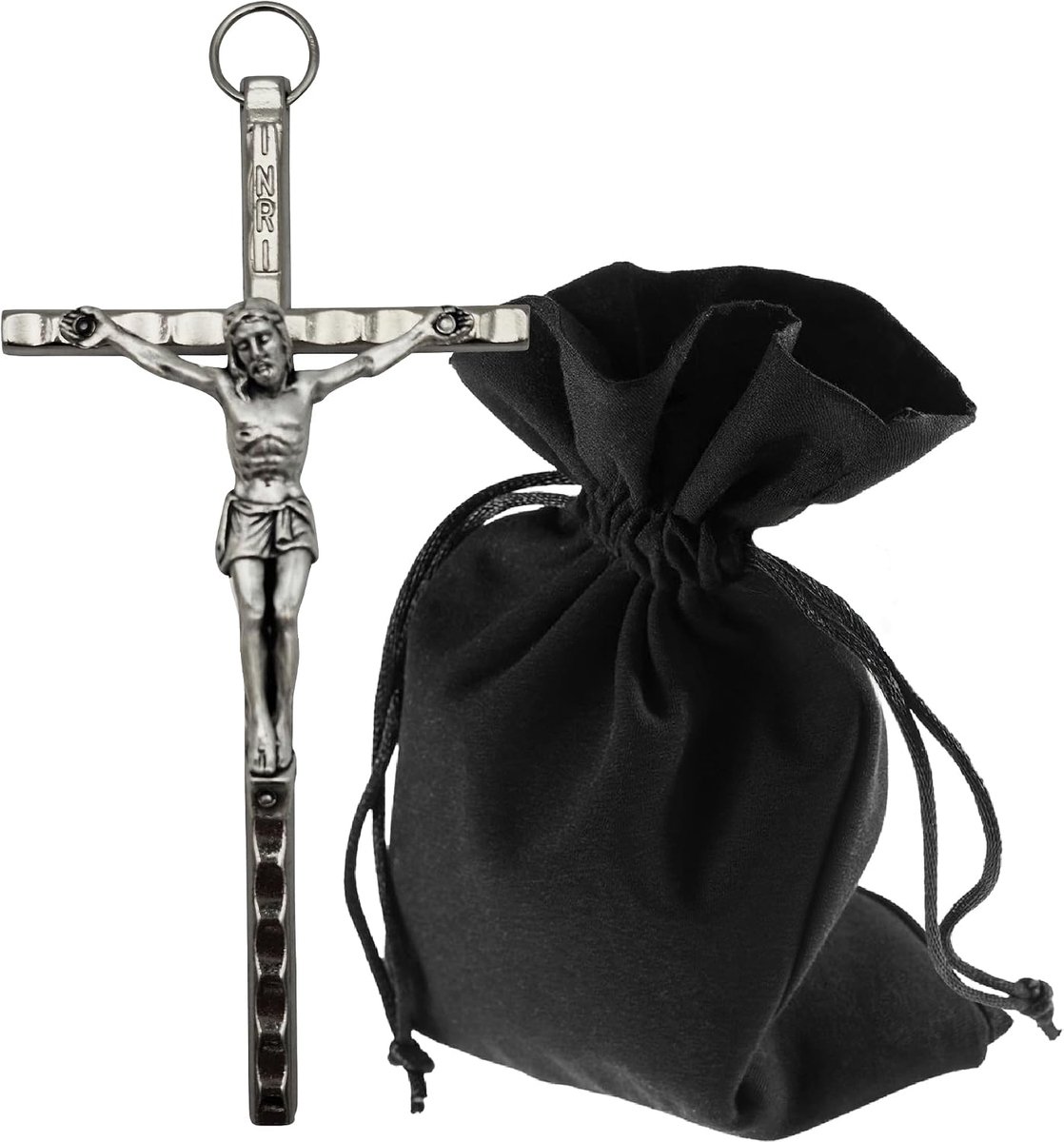 Wandkruis metaal 11 cm zilver - gezegend metalen kruis met Inri