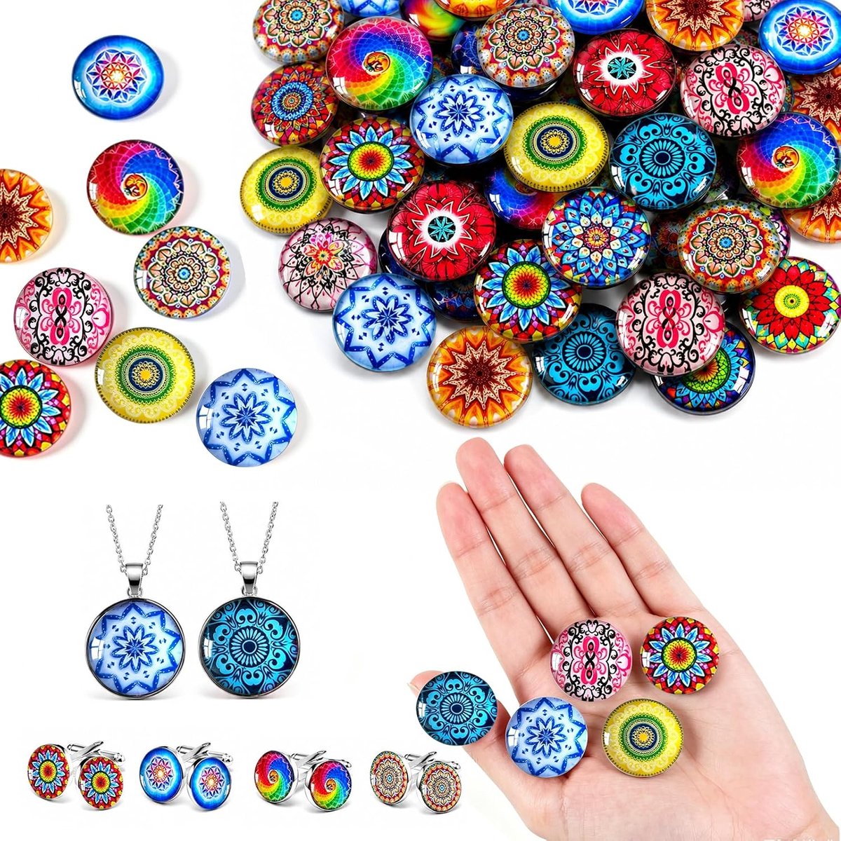 150 kleurrijke decoratieve stenen, 14 mm, decoratieve glazen stenen, patroon met mandala-patroon, sneeuwvlokpatroon, zonnebloemen, voor knutselen, sieraden maken