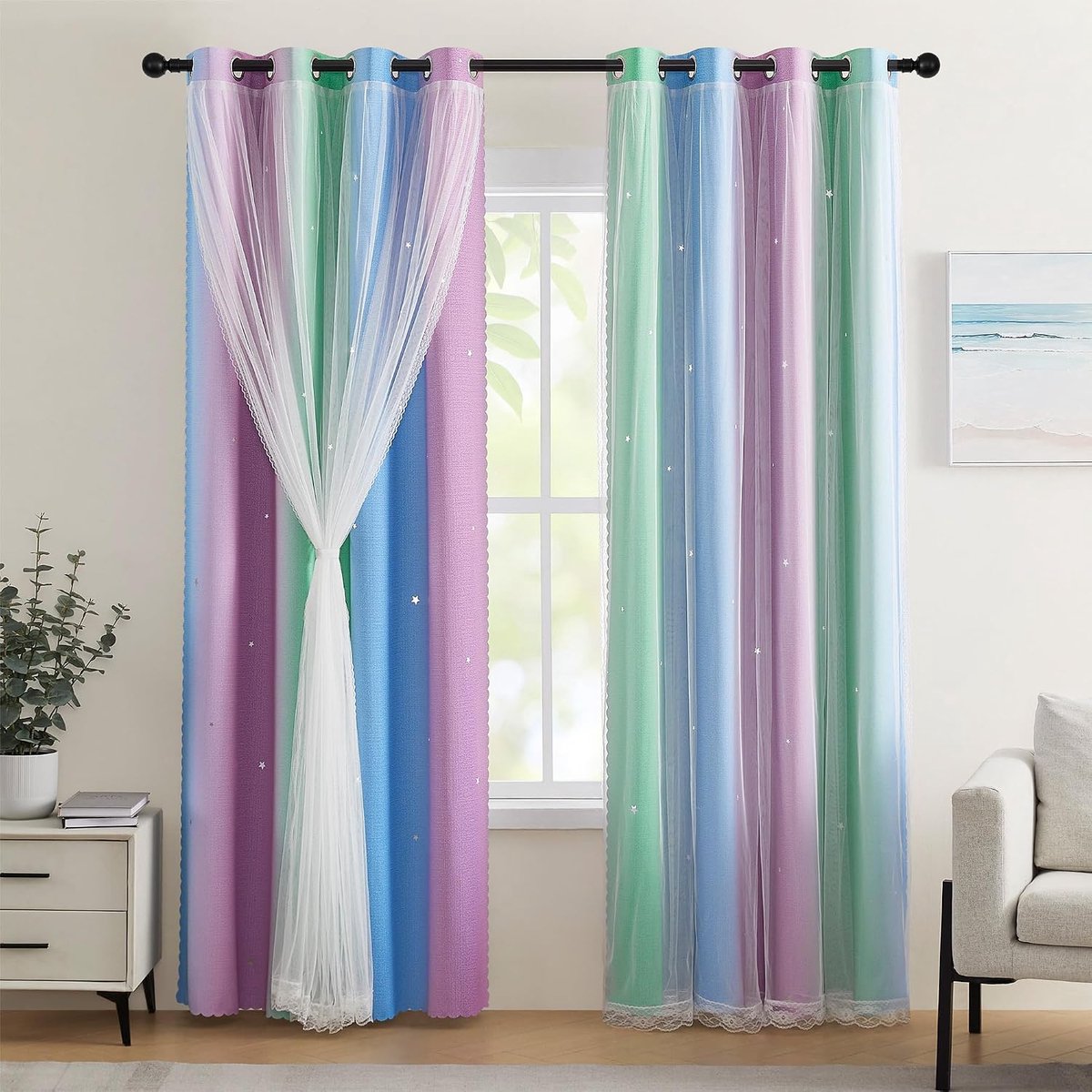 Compacte thermische isolatie sterrenpatroon, diepzeetinten, 86 x 214 cm, voor dakramen, met lichtfilter en dubbele sluier, grijs/blauw/pur/86/213/2
