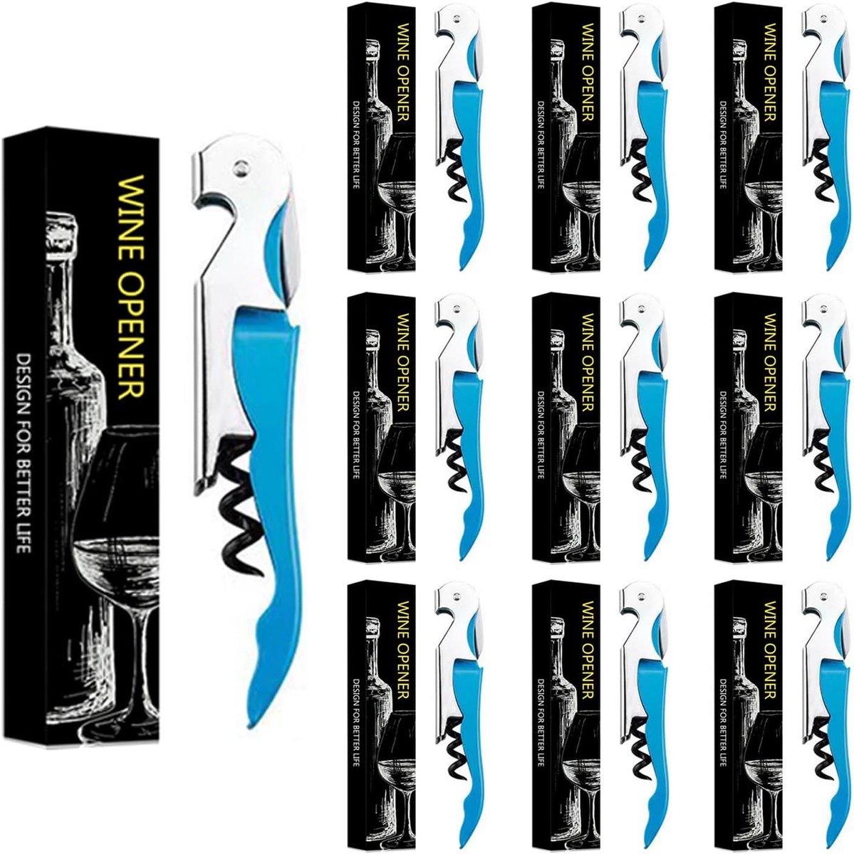 wijnopener, 3-in-1 kelnermes flesopener, kort mes capsules, wijn en bieropener, roestvrij staal (10, blauw)