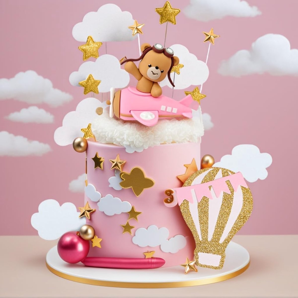 roze vliegtuig teddybeer taartversiering luchtballonnen vliegtuigtaart | roze vliegtuig teddybeer taartversiering luchtballonnen vliegtuigtaart decoraties vliegtuigtaarttopper tijd vliegt eerste