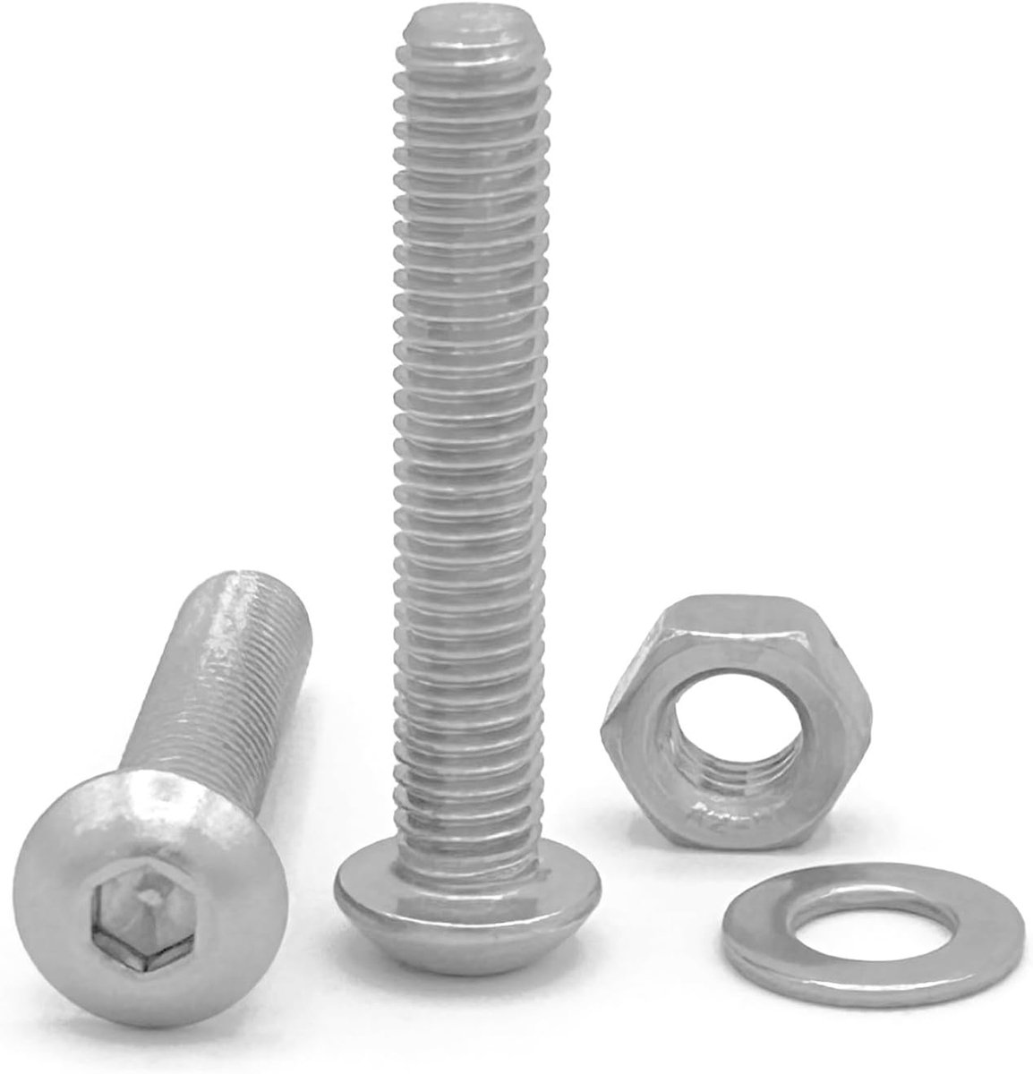 Lenskopschroeven met binnenzeskant. Roestvrij staal AISI 304 (A2). Set van 20 schroeven met 20 moeren en 20 sluitringen (60 stuks). Bolkopschroeven ISO 7380 volledige schroefdraad. (M8 x 60mm