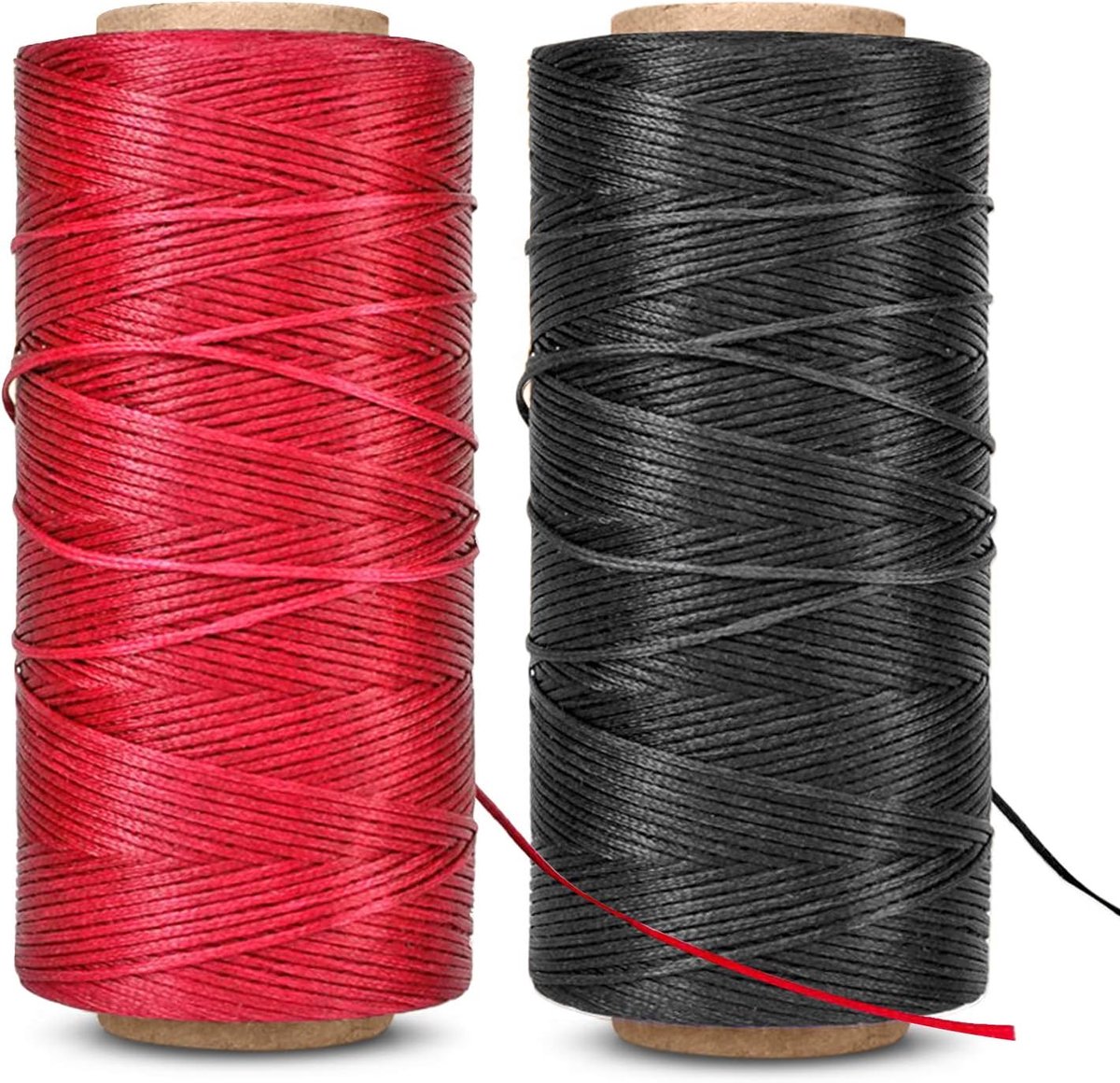 Gewaxte draad - 260 meter 0,8 mm 150D polyester wasdraad voor leer naaien, boekbinden, naaien, repareren, kralen en doe-het-zelf projecten (2 stuks, rood en zwart)