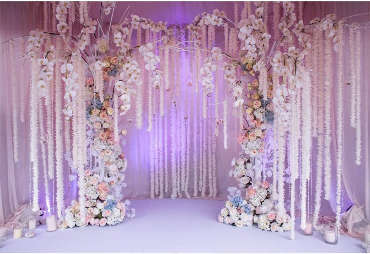7x5ft Vinyl Foto Achtergrond Romantische Bruiloft Boog Orchideeën en Rozen Versierde Interieur Achtergrond Valentijnsdag Bruiloft Party Wanddecoratie Video Shoot Studio Fotografie Rekwisieten
