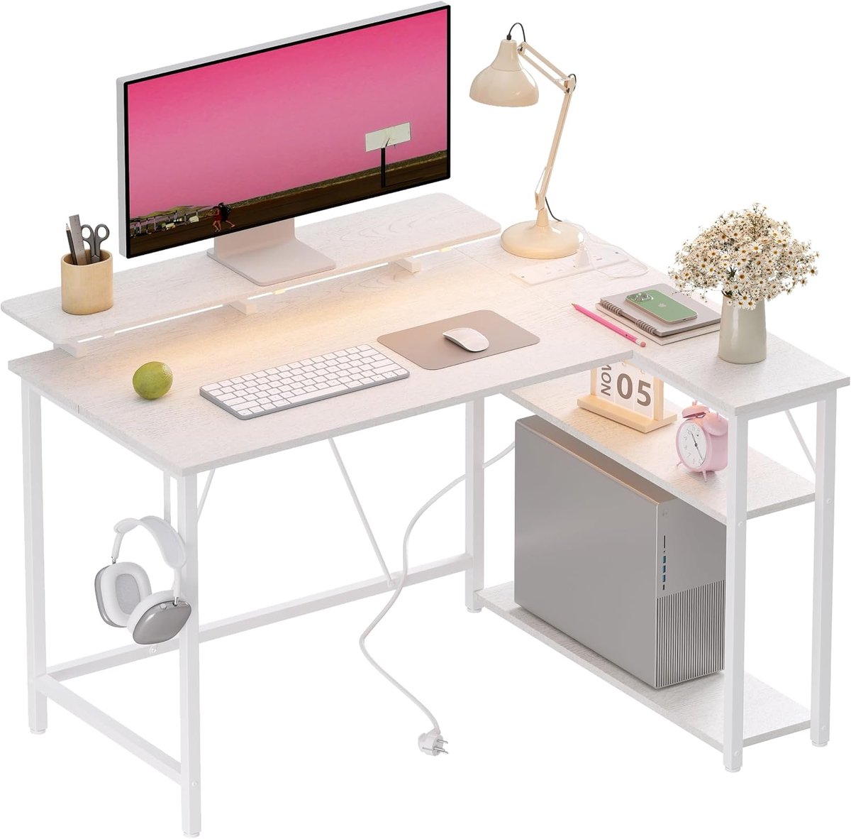 gamingtafel met RGB-ledverlichting en stopcontacten, kleine computertafel met verstelbare planken, hoekbureau voor werkstations, 100 x 80 cm, wit