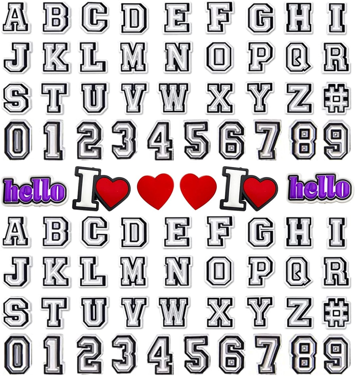 Bedels, 74 stuks cijfers, letters en 6 stuks hartvormige Hello schoenbedels, klompdecoratie, armbandbedels, schoenbedel voor kinderen en volwassenen
