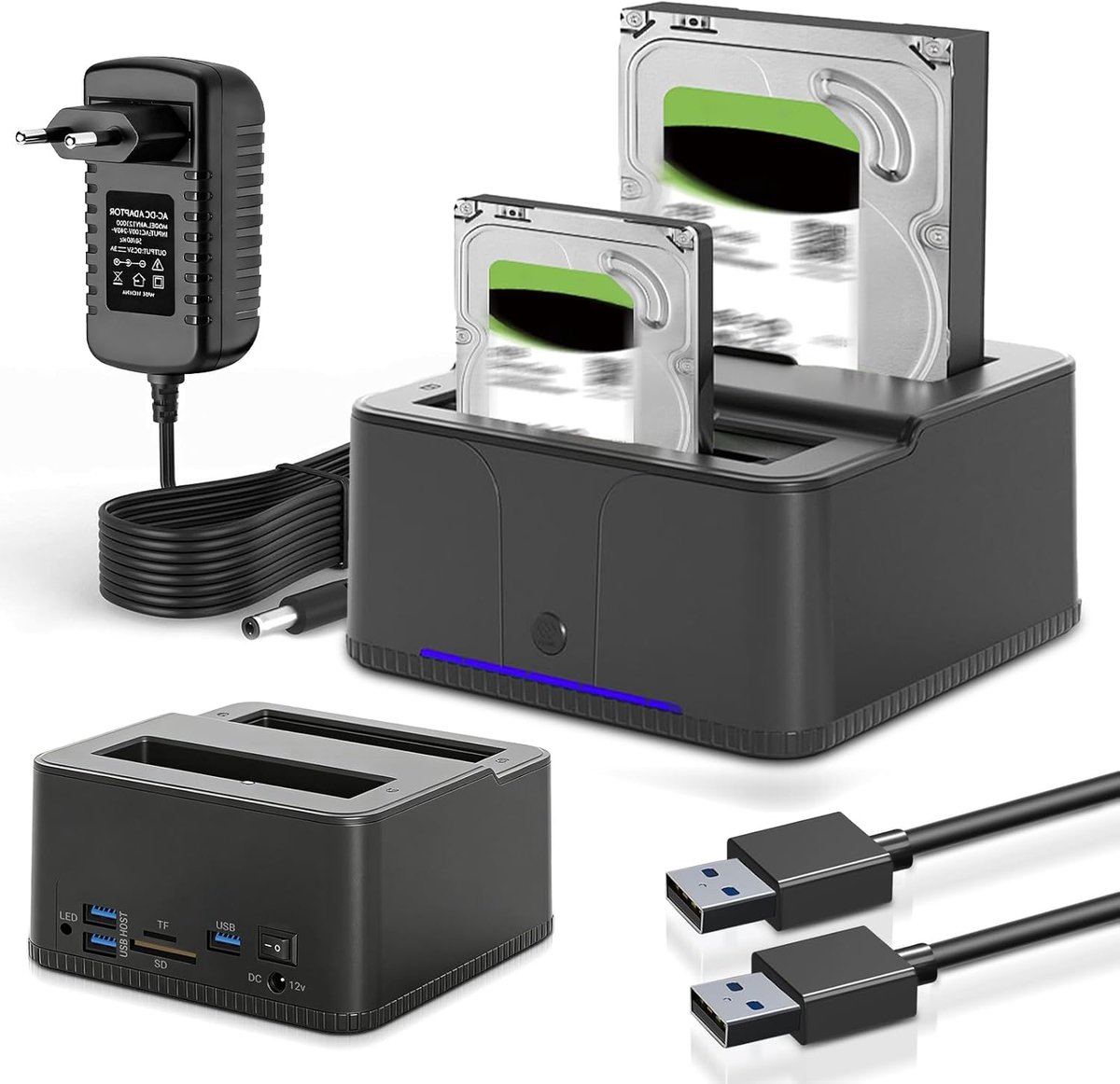 5Gbps USB 3.0 to SATA I/II/III External Hard Drive Docking Station Harde Schijf Dockingstation voor 2,5'‘/3,5’' SATA HDD & SSD,32 TB met SD/TF-kaartlezer, Ondersteunt Offline Klonen, UASP