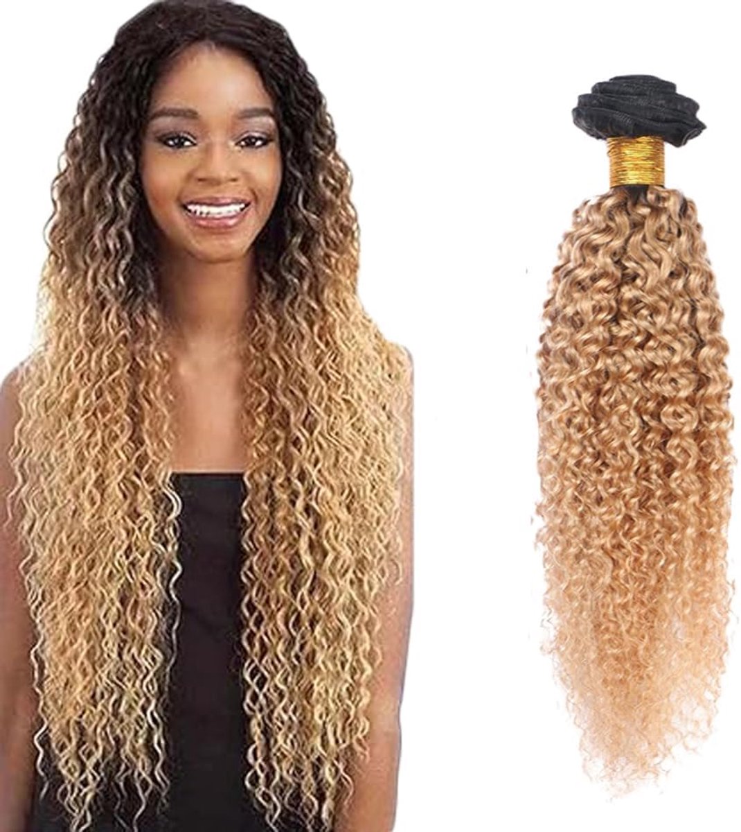 Hair Extensions Curly Wave Human Hair Bundles Sew in Bundles 1B/27 Ombre Blond Unprocessed Virgin Extensions Double Weft Minimal Smell Low Tangle for Women 1 Bundle 20 Inch