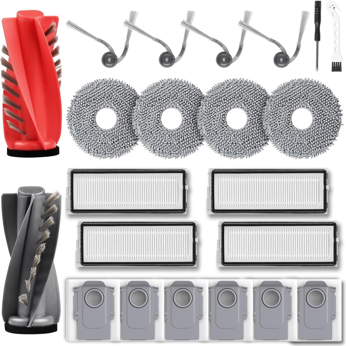 21-delige accessoireset voor Roborock qrevo Curv/Qrevo Curv S5X robotstofzuiger, 1 hoofdborstel, 6 stofzakken, 4 dweilpads, 4 filters, 4 zijborstels, 1 reinigingsaccessoires