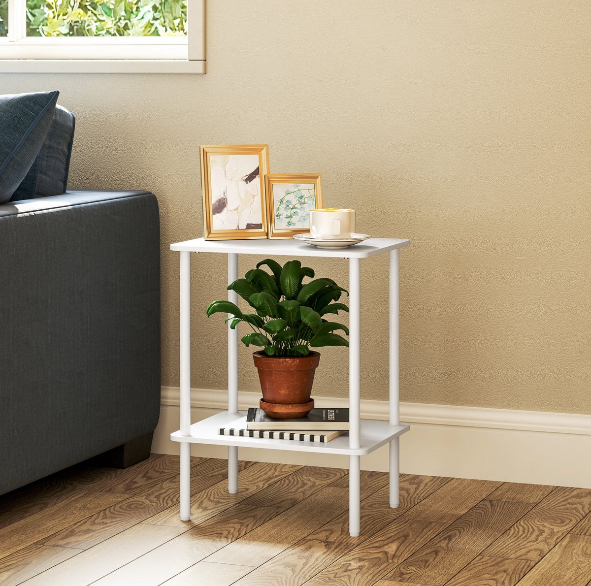COVREO Bijzettafel 40x30x52,2 cm wit, spaanplaat met 2 opbergvakken