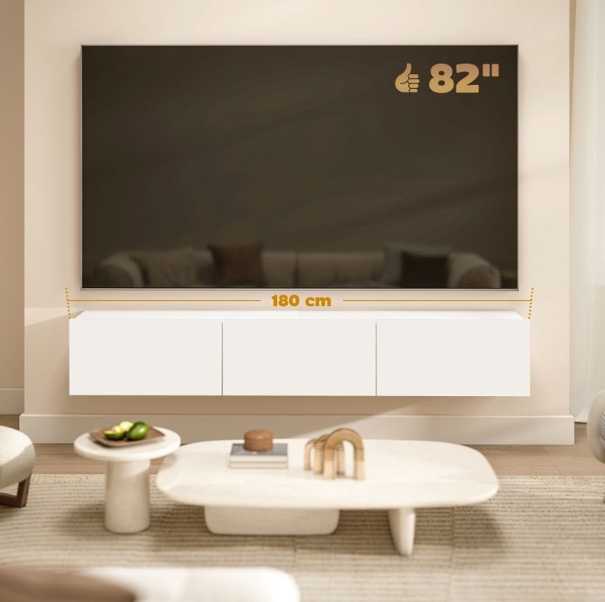FloraGrace Tv Meubel - Wandmontage Met 3 Kleppen En Zacht Sluitende Scharnieren - Voor Woonkamer En Moderne Interieurs - Wit - 180 Cm