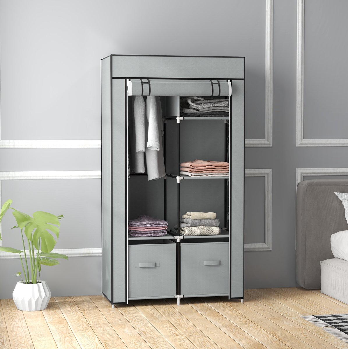 COVREO Kledingkast 83x42,5x162,5 cm lichtgrijs, staal en vlies met 5 vakken