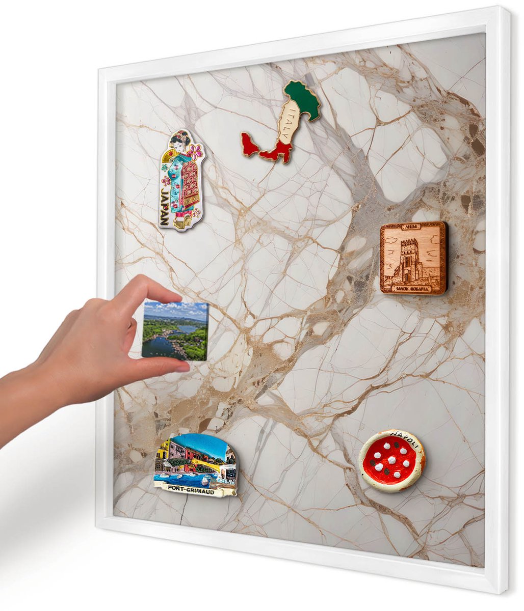 Artprintcave Wit Magneetbord mit Witte Lijst - 50x50 cm - Marmeren Elegantie Magneetbord Voor Keuken - Minimalist Memobord Keuken - Texturen