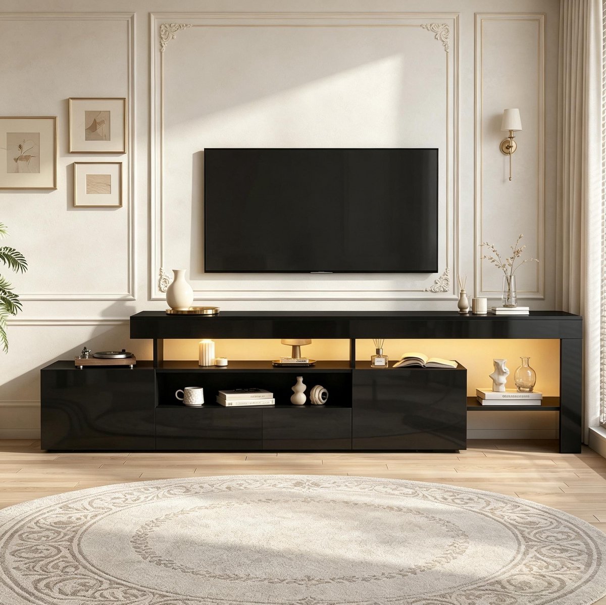 FloraGrace Dressoir - Tv-Meubel Met Led En Hoogglans Front - 3 Kleppen En Open Vakken Voor Woonkamer - Spaanplaat - 192x37x53 Cm - Zwart