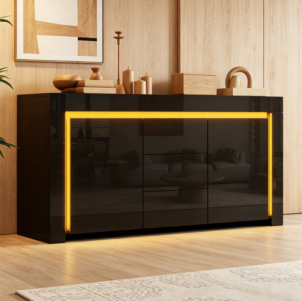 FloraGrace Dressoir - Hoogglans Kast Met LED Verlichting En 2 Deuren 3 Lades - Modern Voor Woonkamer Hal En Kantoor - MDF - Zwart - 140 Cm