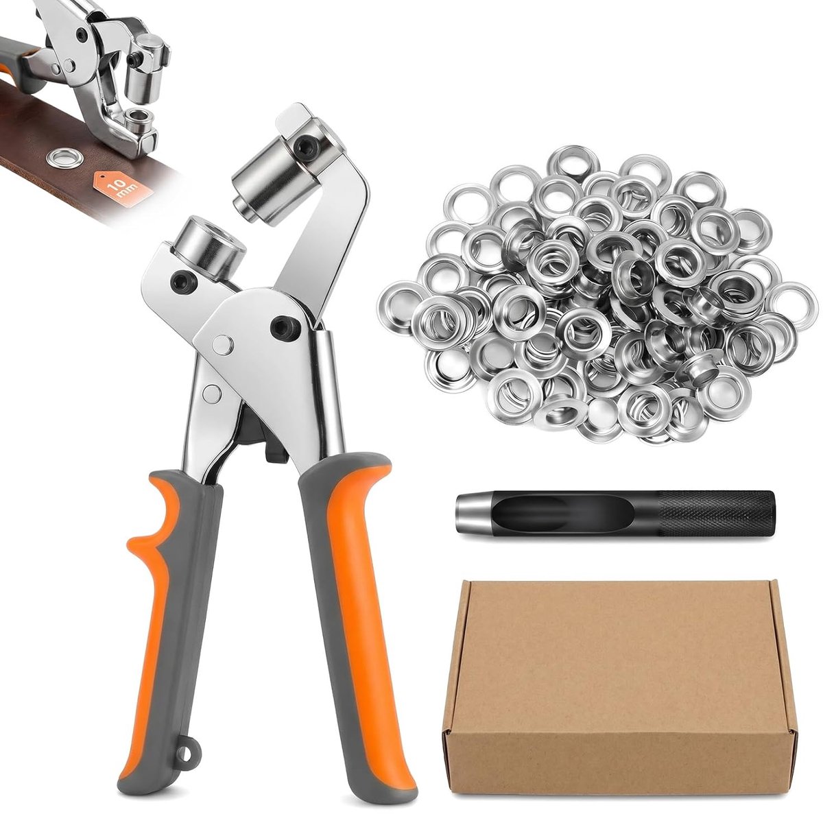 Set 10mm met 200 Oogjes, Professionele Oogjes Tang met Hefboomsysteem en Magnetische Positionering, Oogtang voor Zeil Stof Leer PVC, Duurzaam Stalen Gereedschap voor Reparatie en DIY