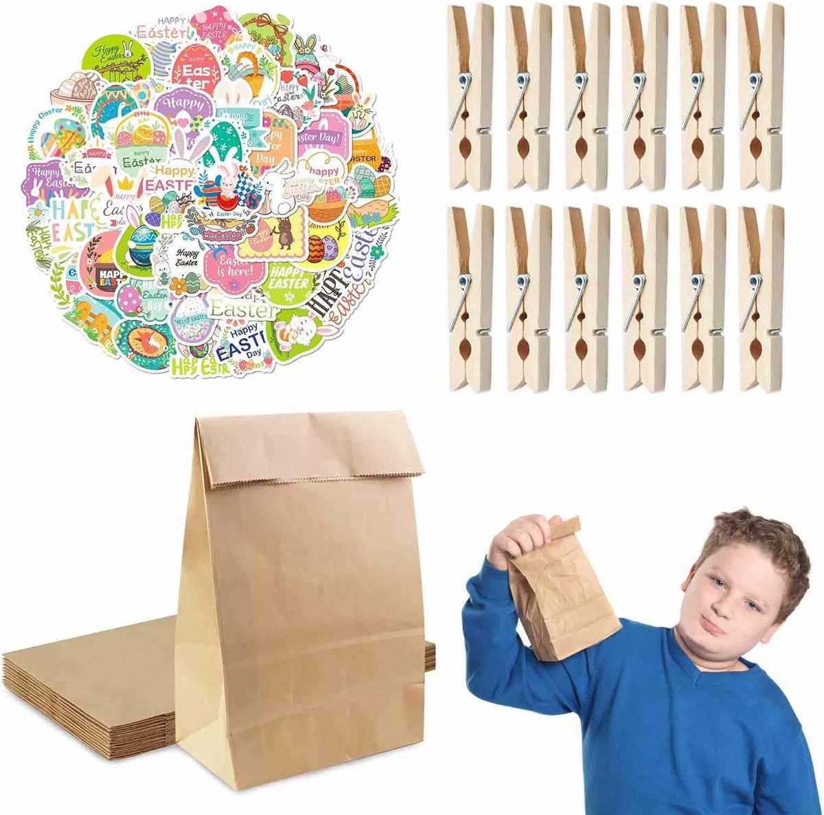 Paaszakjes om te vullen Pasen Geschenkzakjes - 12 Stuks Kleine Bruine Papieren Zakken Met Vrolijke Paashaasstickers en Houten Clips, Paaskraftpapieren Zakken voor Snoepzakken Traktatiezakken