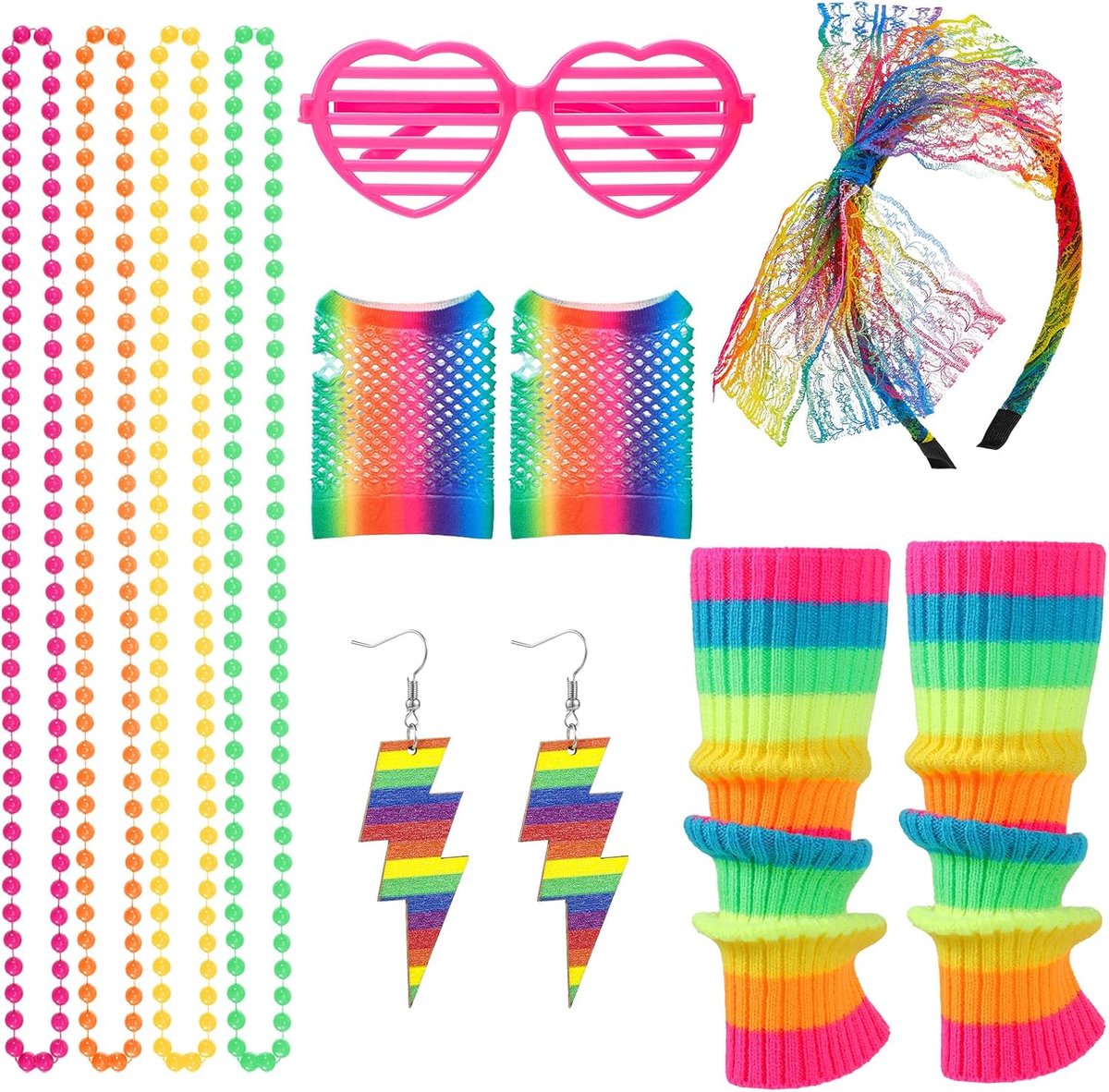 Kostuum jaren 80 90 dames avondkleding disco neon jaren 90 Halloween kostuum carnaval accessoires halskettingen bril beenwarmers hoofdband handschoenen van net oorbellen