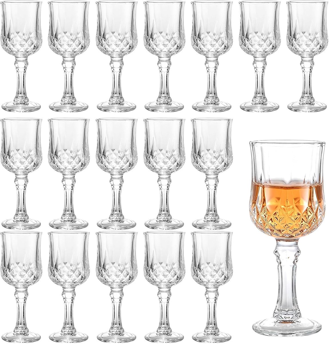 Borrelglazen met steel 18 stuks, 50 ml, diamantpatroon | 18 heldere likeurglazen met steel, 50 ml, diamantpatroon, ideaal voor borrels, tequila, sherry en limoncello