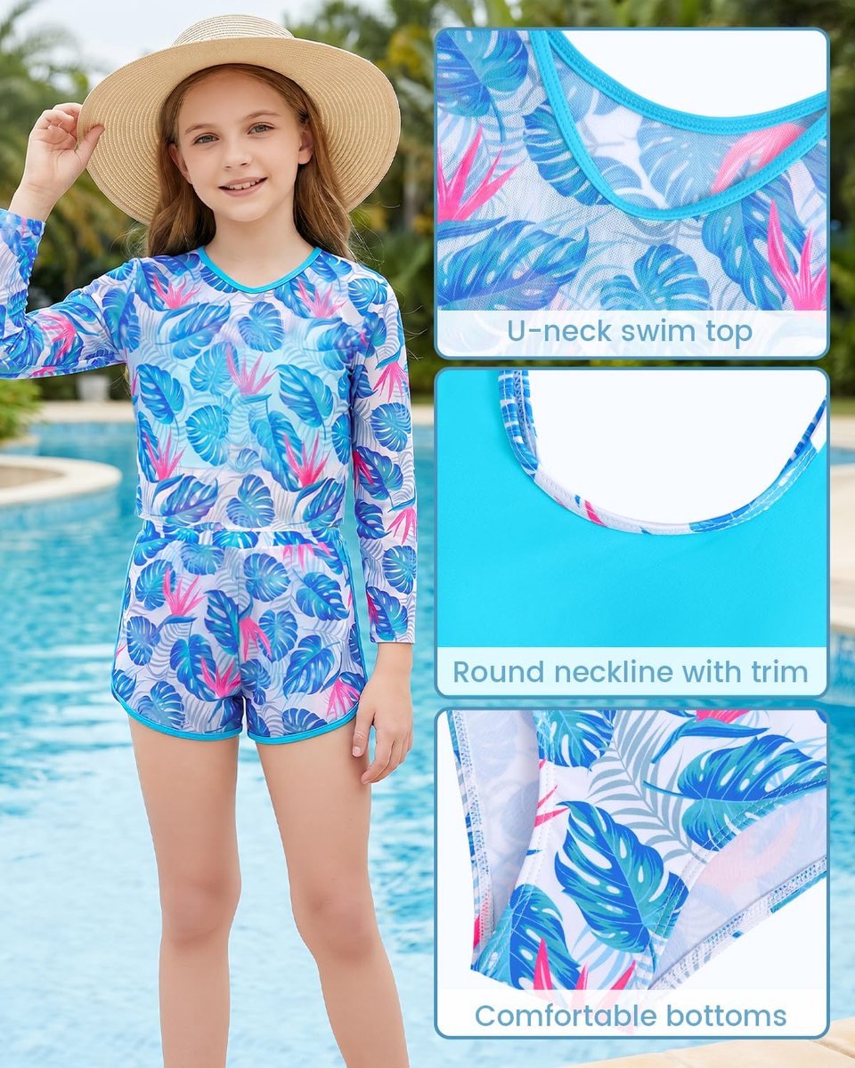 4-delig badpak voor meisjes, bikiniset met tropische print, lange mouwen, bedekkende rashbescherming, badmode badpak met shorts voor kinderen, twee-meisjes van 7-14 jaar