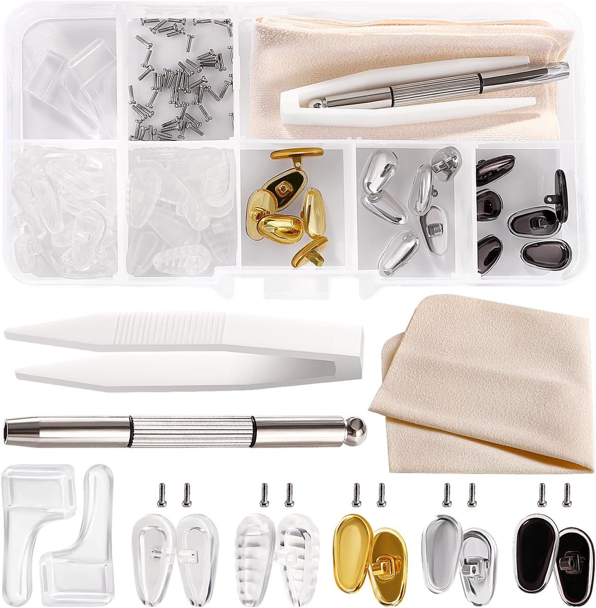 25 Paar Bril Neuspads Set, Siliconen Opschroefbare Bril Neuspads, Neuspads Brilreparatieset, met Schroeven, Schroevendraaiers, Pincet, Schoonmaakdoekje, voor Brillen, Zonnebrillen, Nr. 9