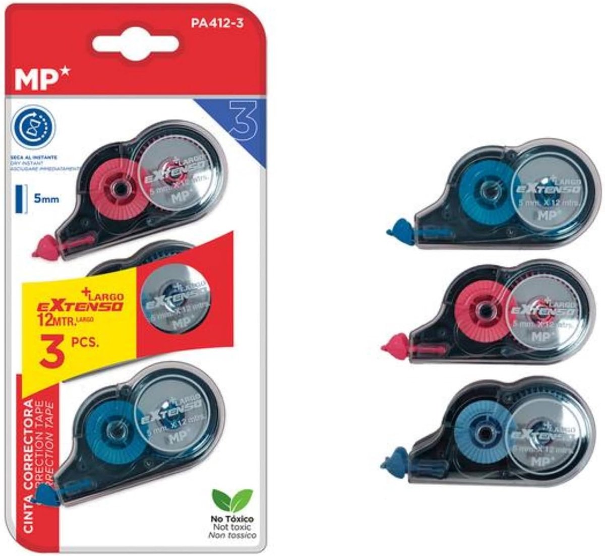 SnelShoppen - MP 3 stuks correctieroller, 12 m x 5 mm, hoge capaciteit correctietape, ideaal voor kantoor, school en thuiskantoor, compact en gebruiks