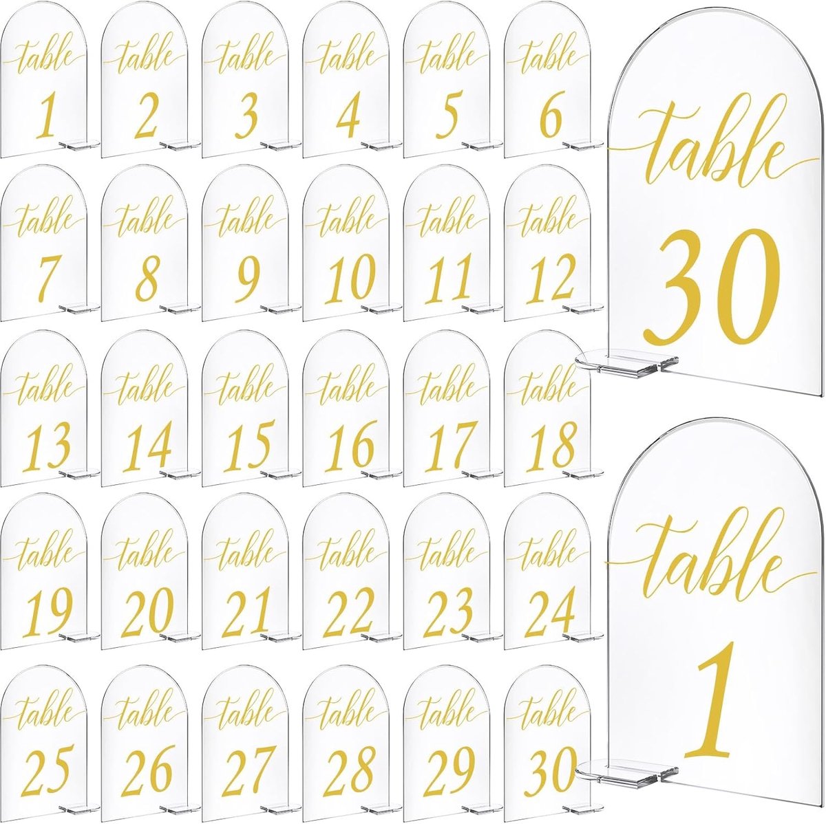 30 sets boog acryl bord goud bedrukt 1-30 tafelborden met standaards kalligrafie helder tafelnummer displaystandaard voor bruiloft receptie evenement feest restaurant centerpieces decor (10,5
