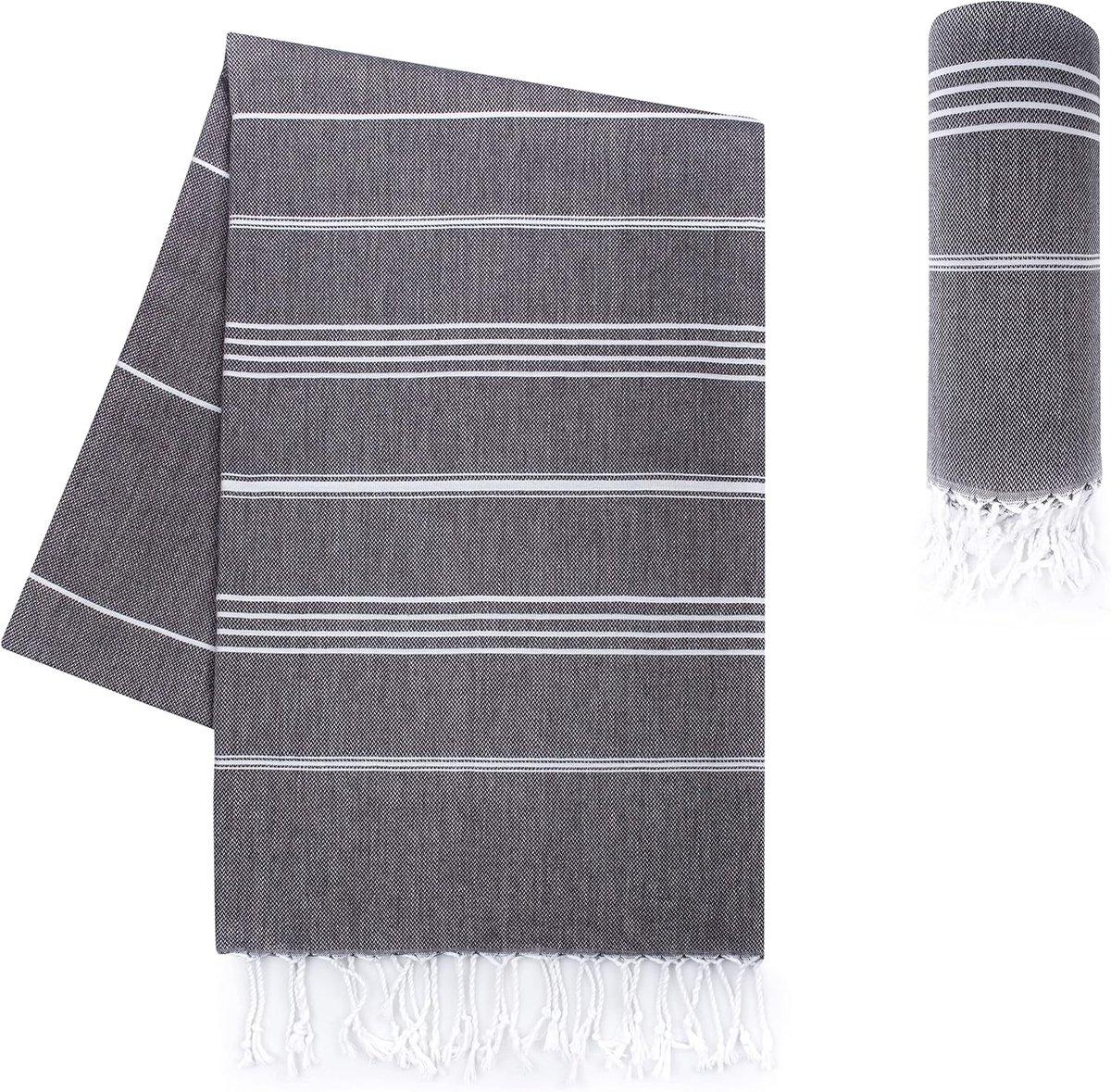 Premium fouta hammam handdoek met handgeknoopte franjes - 100% katoen XXL hamamdoek 100x200 cm - OEKO-TEX 100 pestemal strandlaken - saunahanddoek & strandlaken (Antraciet)