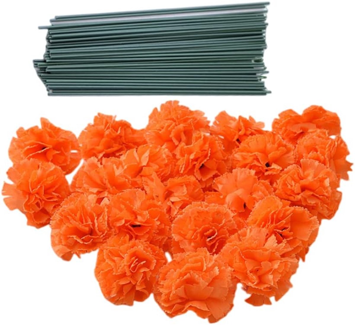 50 kunstmatige zijde anjer bloem hoofd met stengels set, vaas vullers, goudsbloem bloem hoofden voor Diwali Home Decor dag van de dode krans Garland Cake ornamenten, 2 inch bloemblaadjes hoofden met 8 inch stengels (oranje)