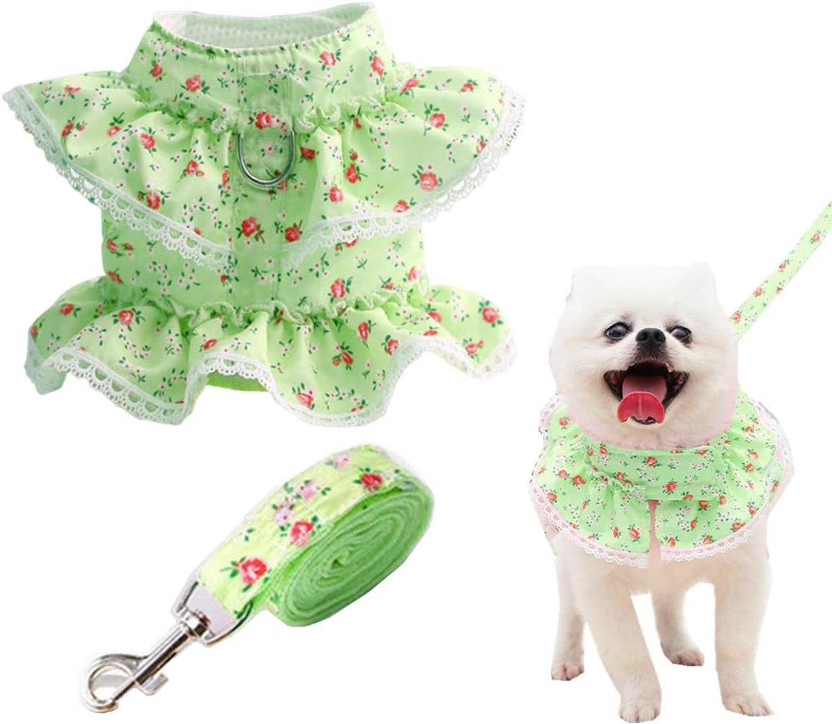 Hondenharnas en riem voor honden, bloemen, kant, dieren, ademend, verstelbaar, vluchtbestendig, prinsessenrok, vest voor katten, middelgrote en grote honden, groen-L
