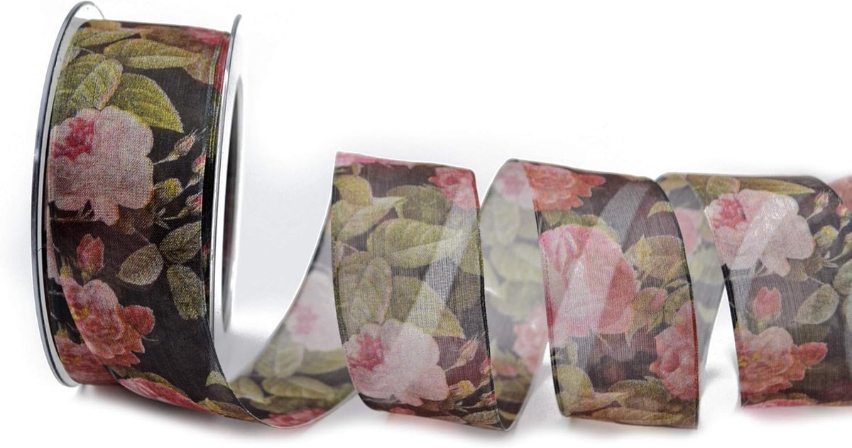 Decoratielint Italiaans roos 40 mm rozen transparant cadeaulint lint chiffon met draad tijdloos Alta Moda bloemen 20 m x 40 mm (Rolle) zwart