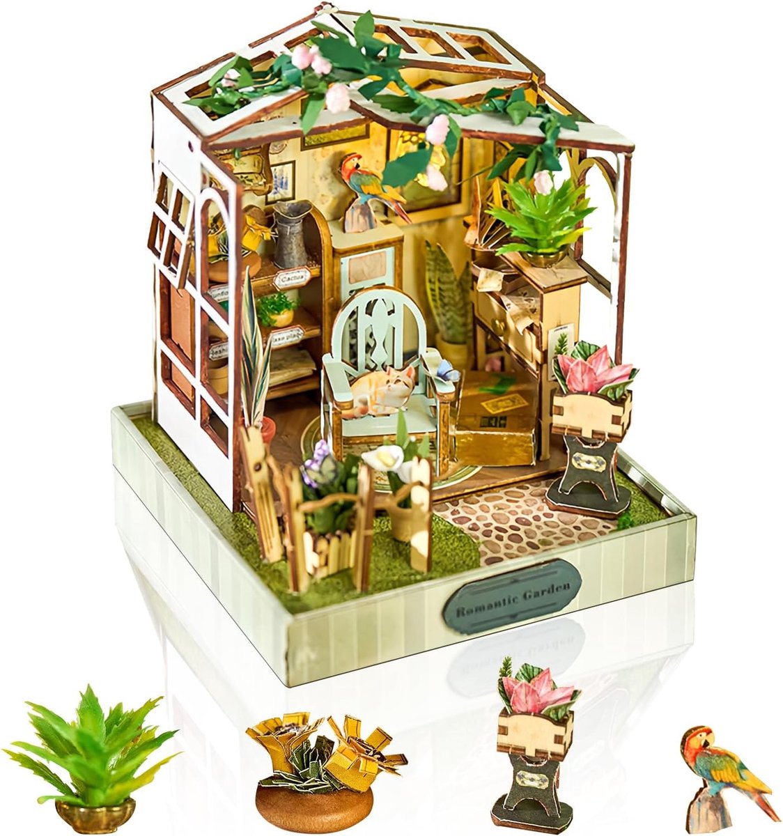 Modelhuis, miniatuur, doe-het-zelfset, miniatuur poppenhuis met ledlicht, handwerk van hout voor volwassenen, jongeren, om te bouwen, voor verjaardag en Kerstmis (romantische tuin)
