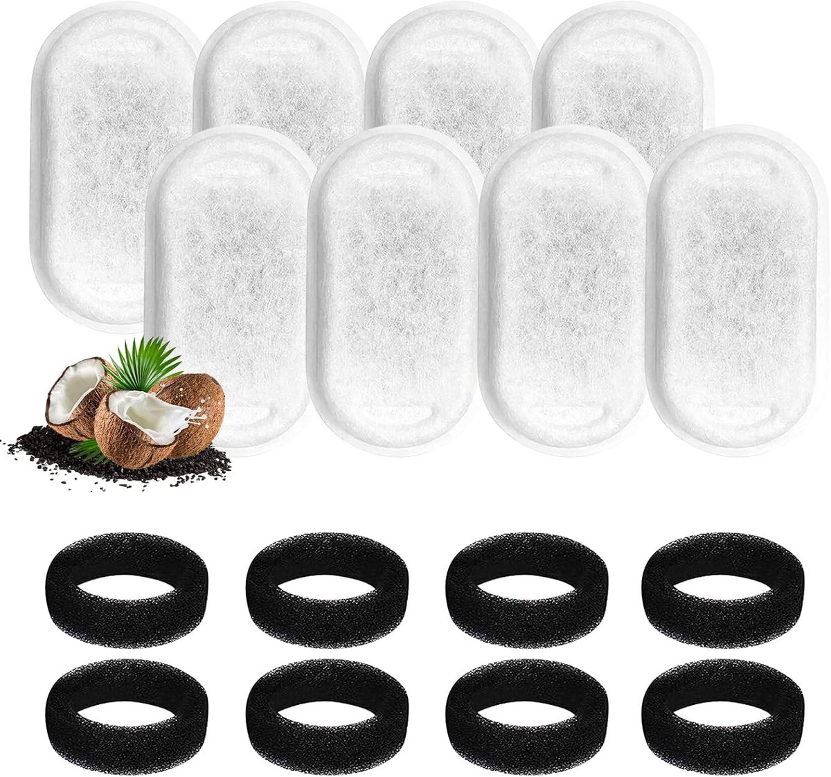 Drinkfontein voor katten, reservefilter, drinkfonteinfilter, kattenfontein, 8 stuks koolstoffilters en 8 stuks schuimfilter, kattenfontein voor 3,2 l roestvrij stalen kattenfontein