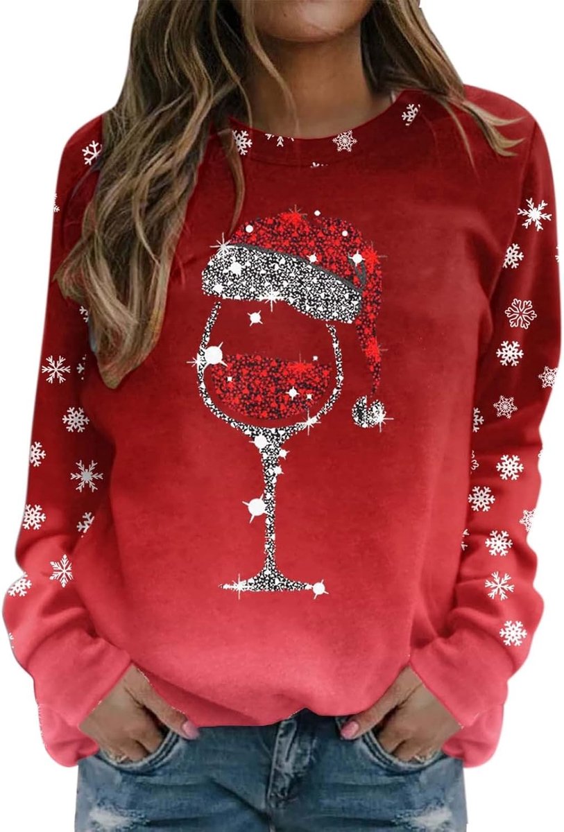 Kersttrui voor dames, grappig katoen, lange mouwen, sweatshirt, Kerstmis, glitter, pullover, kerstoutfit, elegant, lange mouwen, kersttrui, bovenstuk, tops voor vrouwen en meisjes