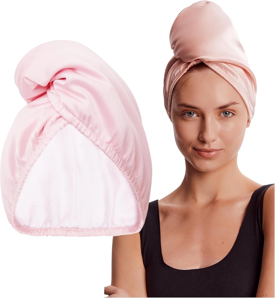Haartulband Tulband Handdoek Haardroogdoek Haardrogende Doek voor Alle Haartypes Vakantieaccessoires Herbruikbaar Dubbellaags van Veganistisch Satijn en Microvezel Glamoureuze Charmeuse (roze)