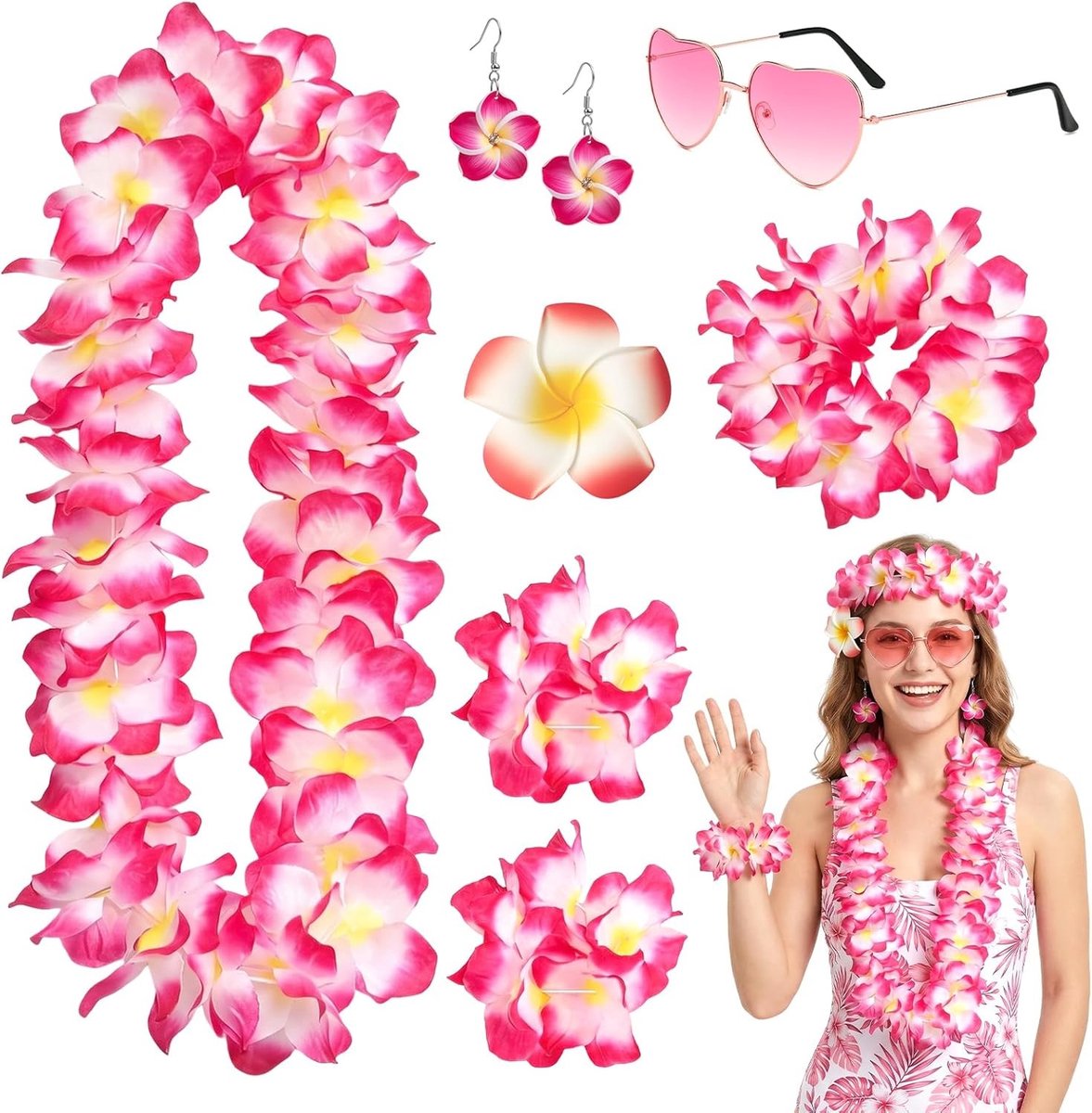 Hawaiiaans themafeest kostuumset met bloemenketting, perfect voor strandfeesten, zomerfeesten en carnaval, inclusief accessoires en kleurrijke outfits