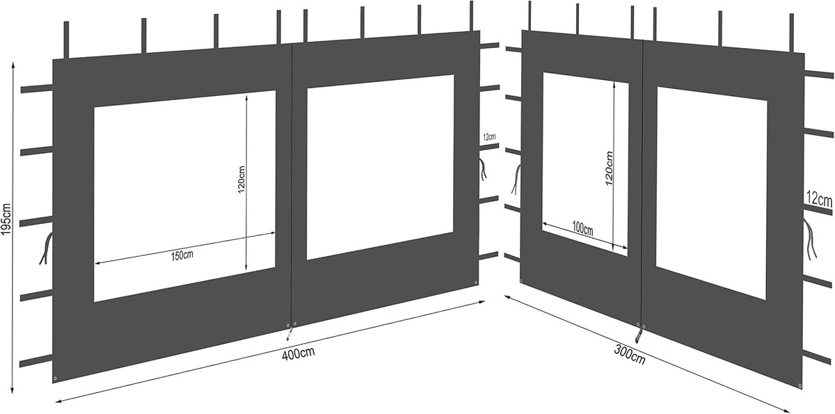SnelShoppen - Sidepanelen set 2-delig voor paviljoen 3x4 m met raam, waterdicht polyester, antraciet RAL 7012, 300/400x195 cm, tuin, camping, feest