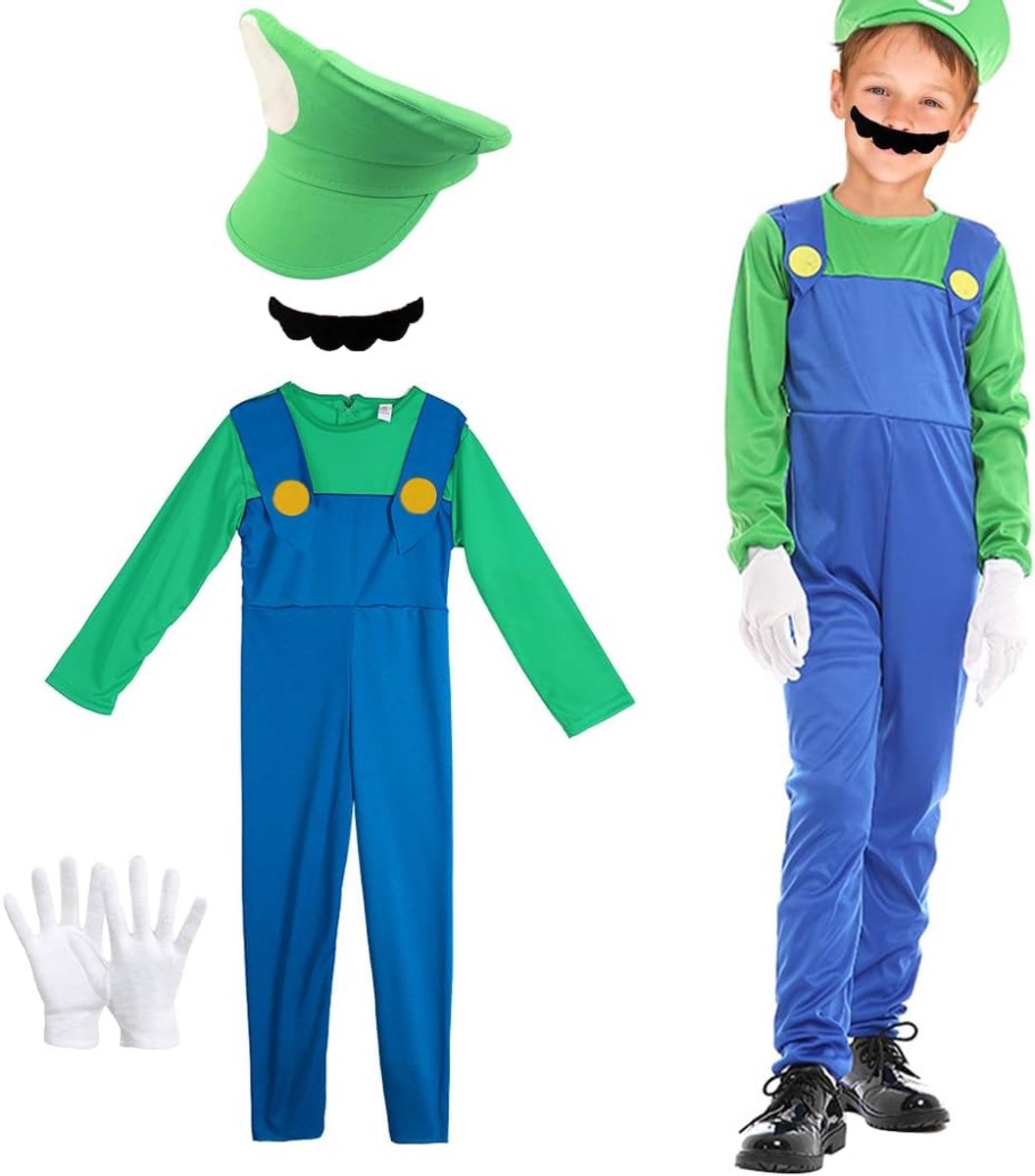 Super Brothers Loodgieterkostuum voor kinderen, Super Bros cosplay-outfit met groene muts, handschoenen en snor voor carnaval, Halloween, jongens en meisjes, carnavalskostuums