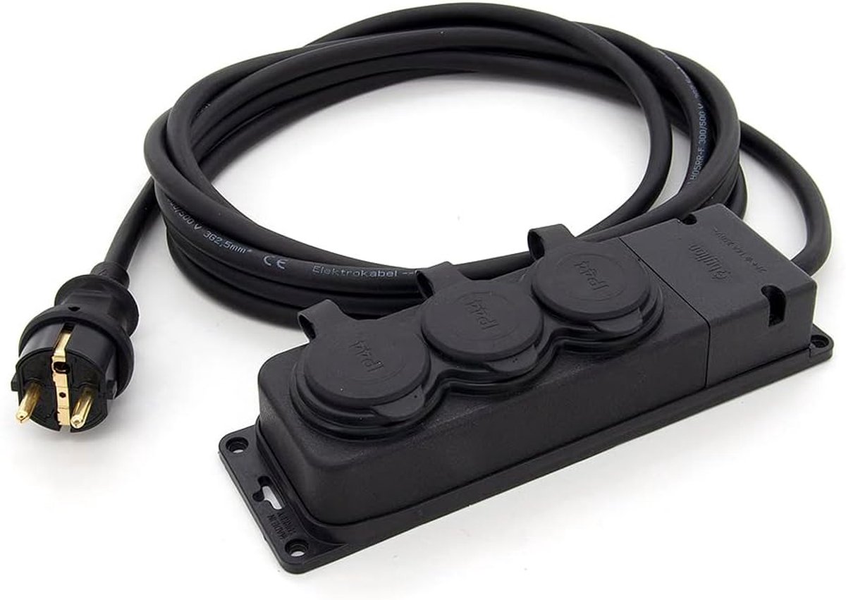 SnelShoppen - 5m Rubber Verlengsnoer met 3 Weg Schuko Aansluiting voor Tuin Buiten Gebruik IP44 16A 230V H05RR-F 3 x 1.5
