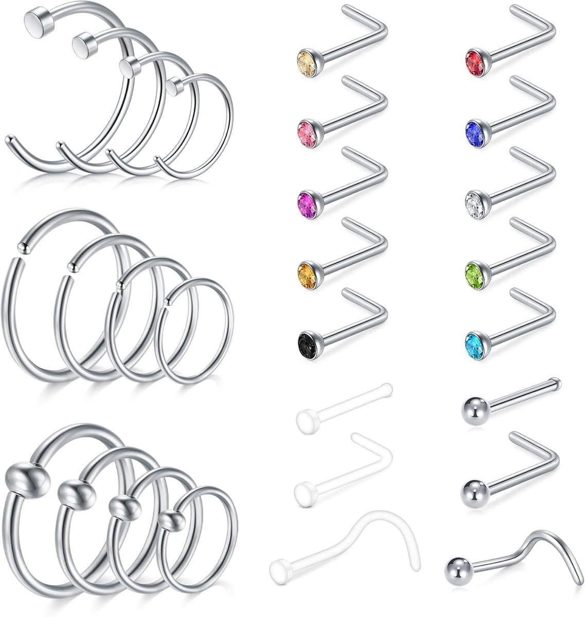 Neuspiercing, schroeven van roestvrij staal, neusring, 20 g, L, vorm diamant, zirkonia, neuspiercing, sieraden, rvs