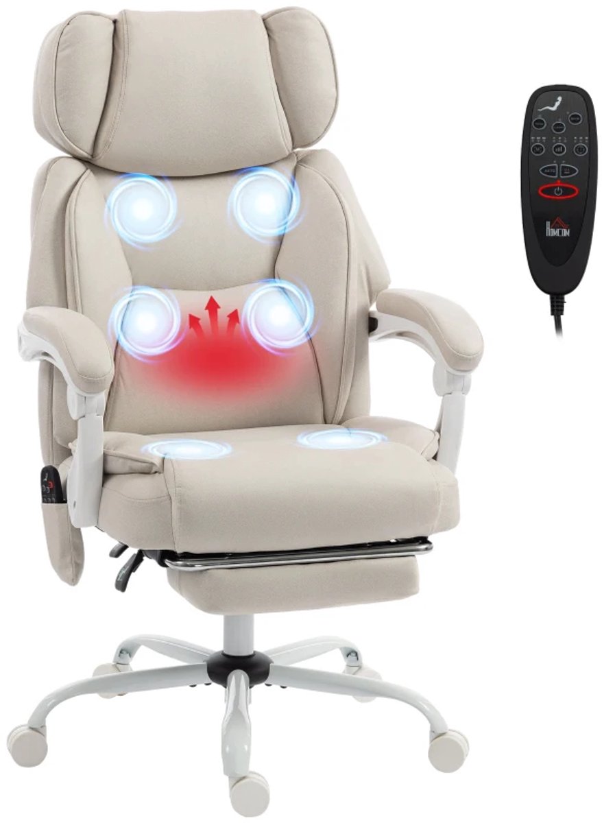 Ergonomische Bureaustoel met Vibratiemassage, Verwarming, Voetensteun & Hoge Rugleuning - In Hoogte Verstelbaar - Max. kanteling 135° - Kantoorstoel - Gamestoel - Volwassenen Stoel - Directiestoel - Computerstoel - Crèmewit